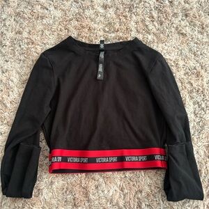 Victoria's Secret Black Cropped Long Sleeve Top with Red Logo Band
